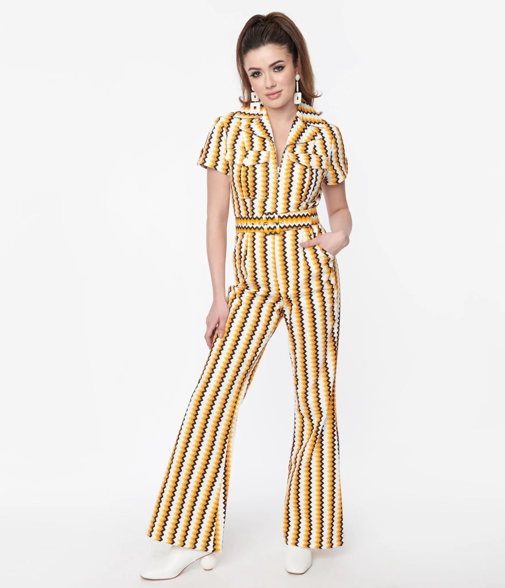 Smak Parlour 1970s Candy Corn Zig Zag Stripe Flare Jumpsuit Casual Everyday Look