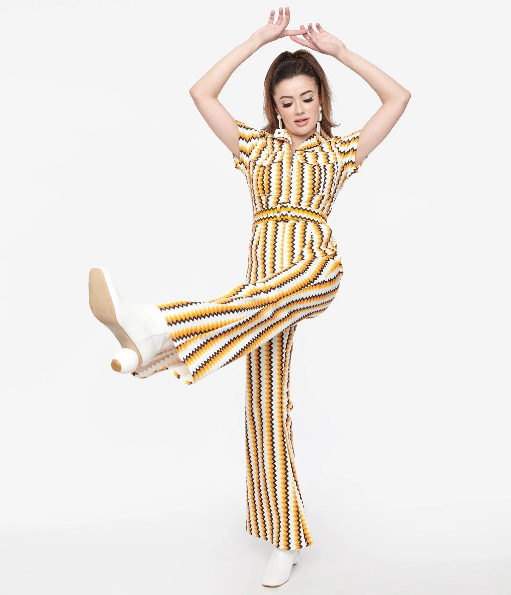 Smak Parlour 1970s Candy Corn Zig Zag Stripe Flare Jumpsuit Casual Everyday Look