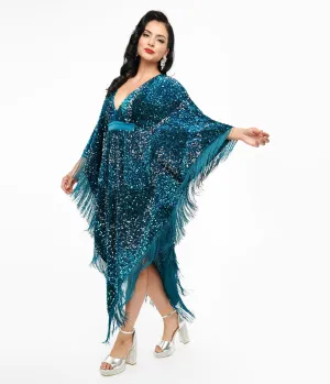 Smak Parlour 1970s Teal Sequin Fringe Caftan Dress Casual Everyday Look