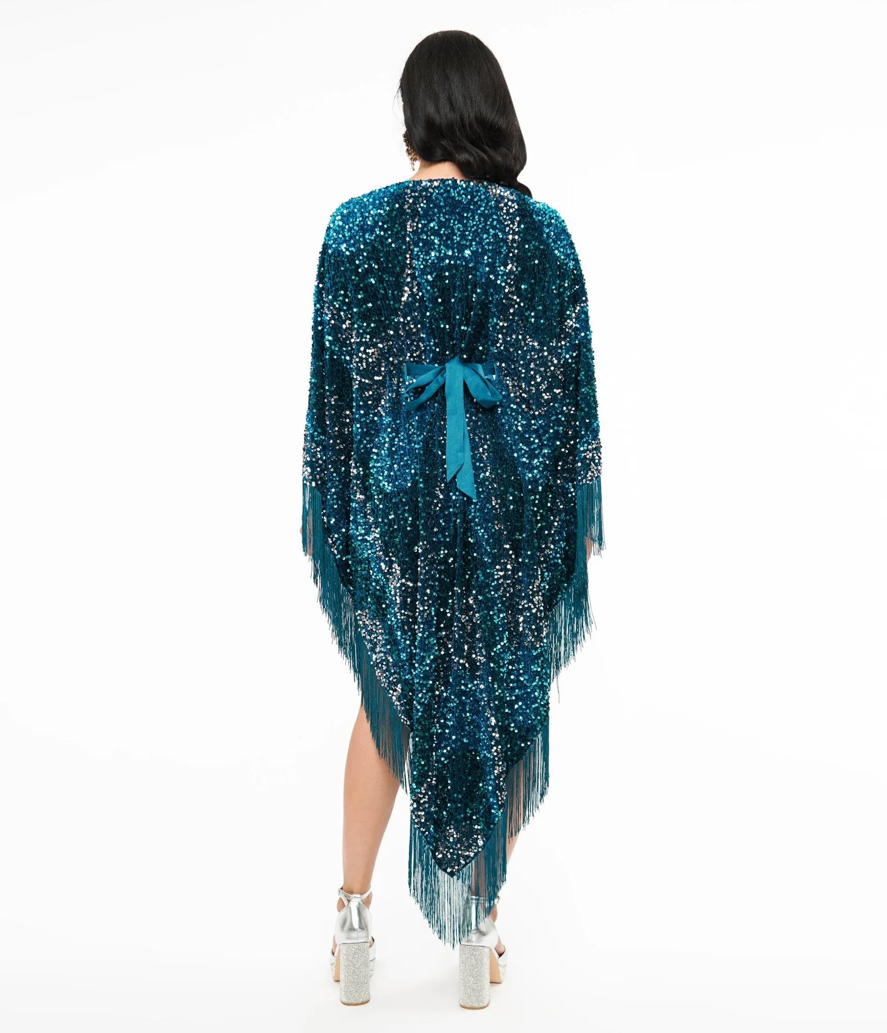 Smak Parlour 1970s Teal Sequin Fringe Caftan Dress Casual Everyday Look