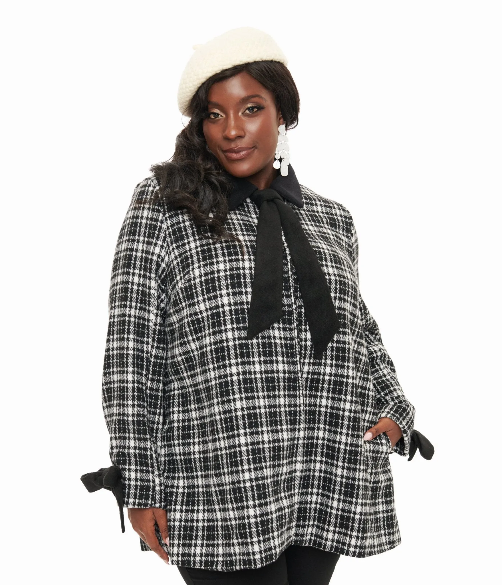 Smak Parlour Black & White Plaid Bows Topper Coat Easy Date Night
