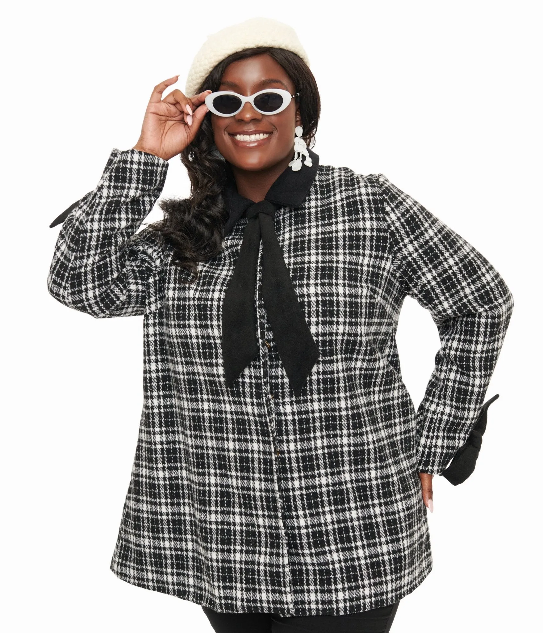Smak Parlour Black & White Plaid Bows Topper Coat Easy Date Night