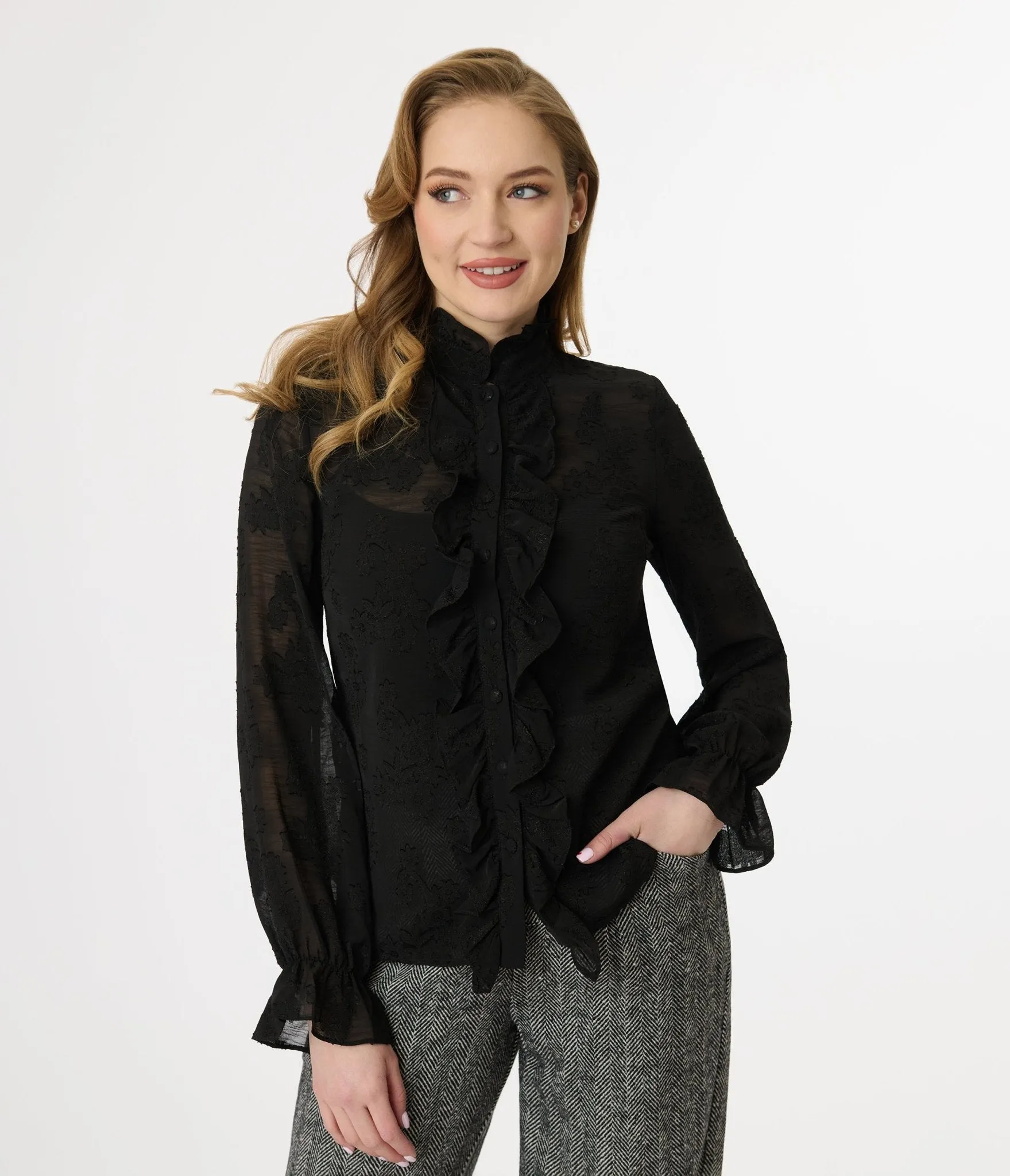 Smak Parlour Black Floral Ruffle Neck Blouse Easy Date Night