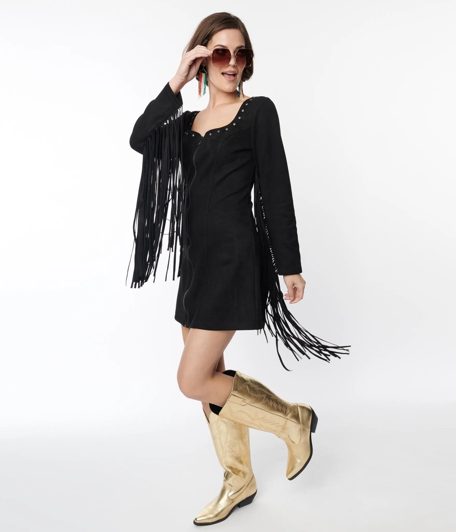 Smak Parlour Black Suede Shift Fringe Dress Casual Everyday Look
