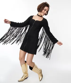Smak Parlour Black Suede Shift Fringe Dress Casual Everyday Look