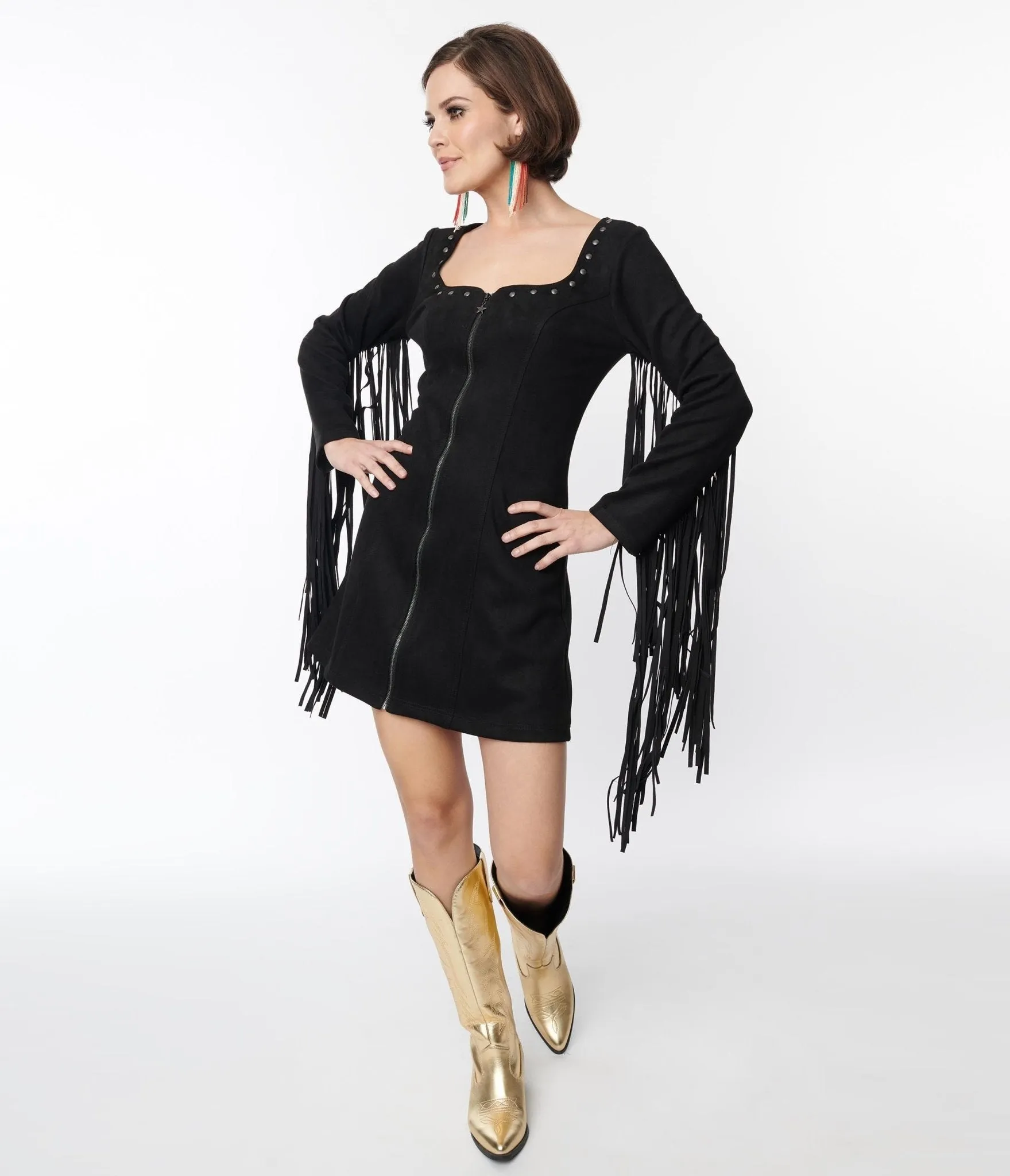 Smak Parlour Black Suede Shift Fringe Dress Casual Everyday Look