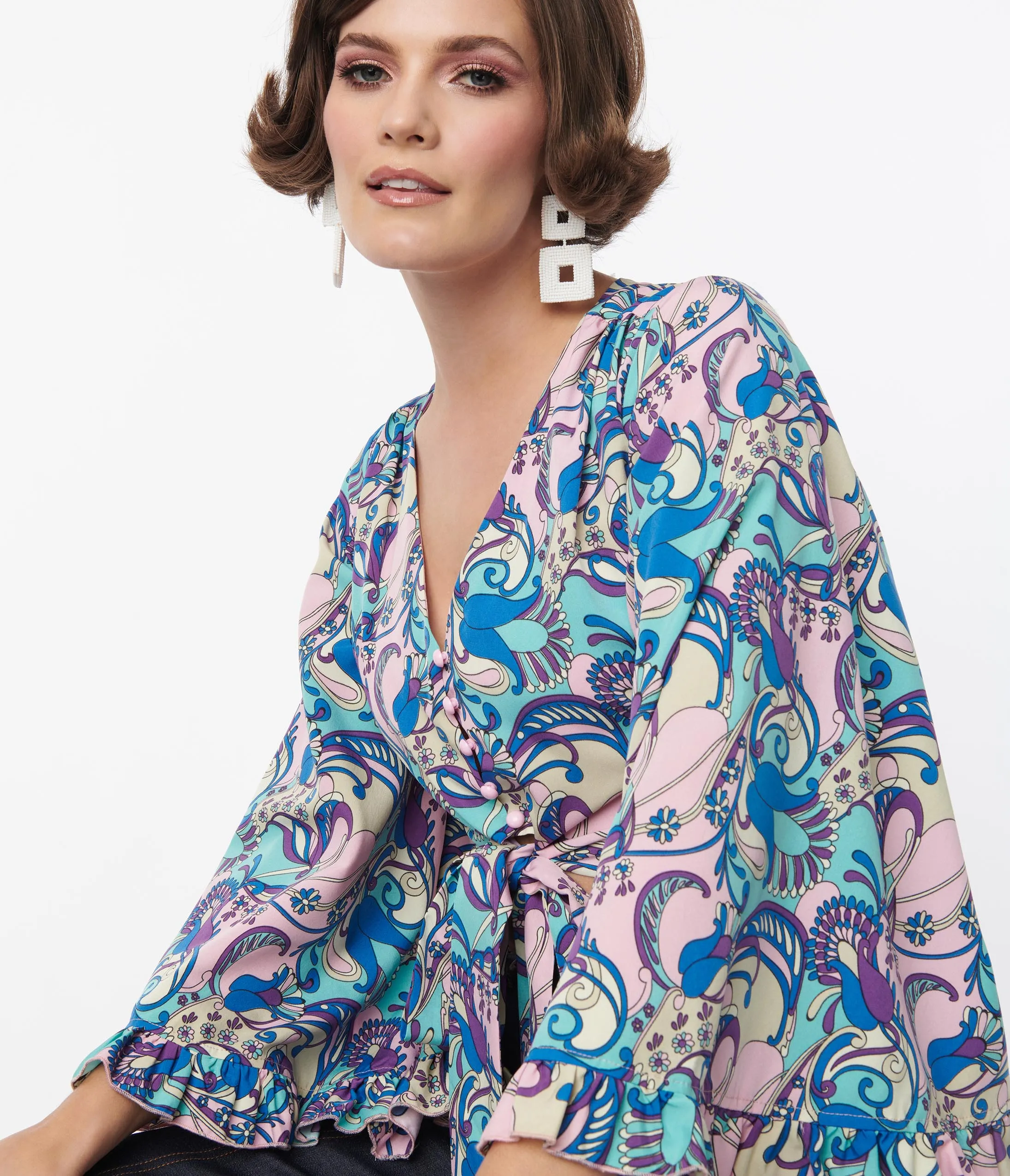 Smak Parlour Blue & Purple Psychedelic Floral Belva Crop Blouse Easy Date Night