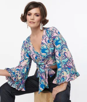 Smak Parlour Blue & Purple Psychedelic Floral Belva Crop Blouse Easy Date Night