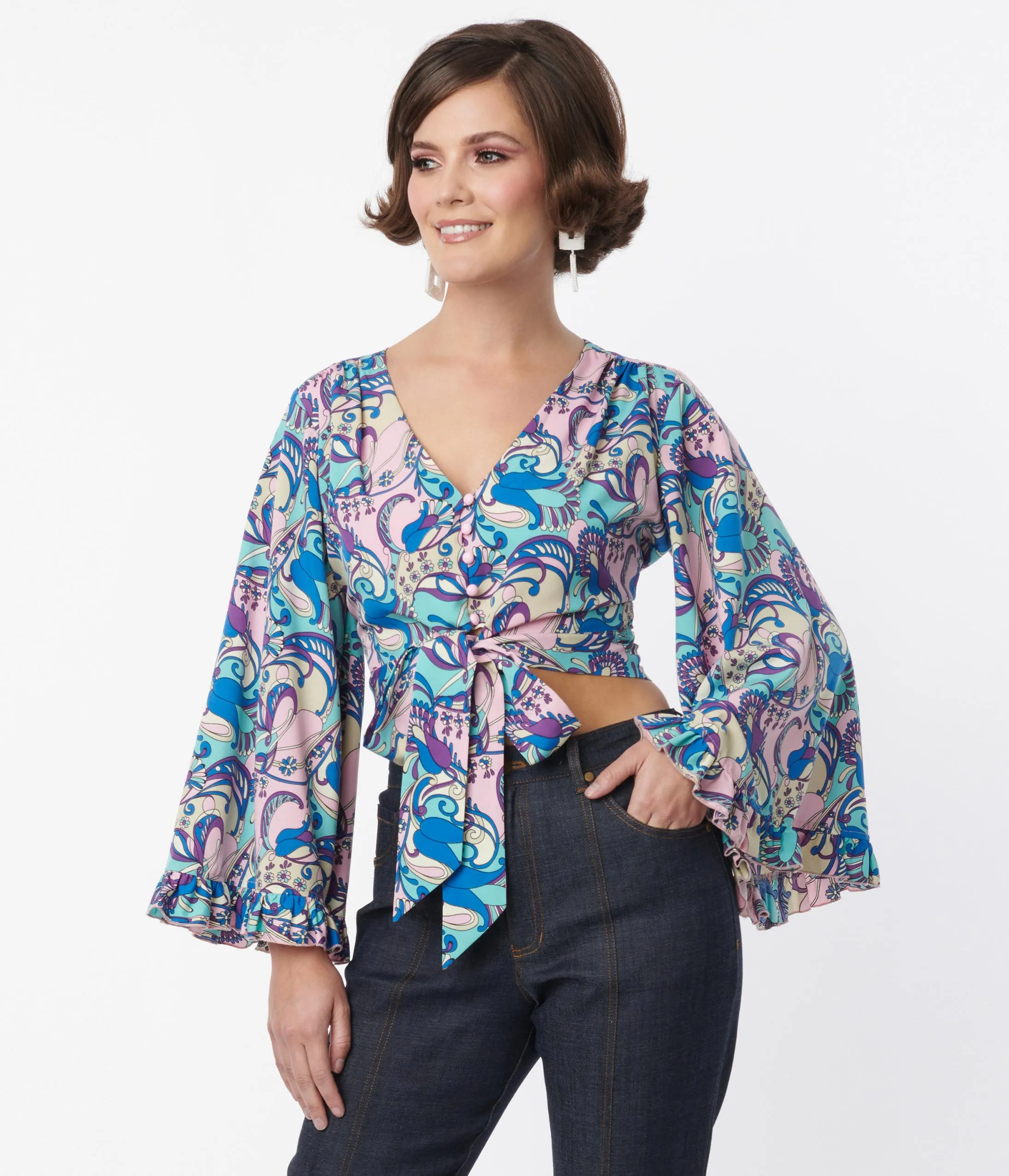 Smak Parlour Blue & Purple Psychedelic Floral Belva Crop Blouse Easy Date Night