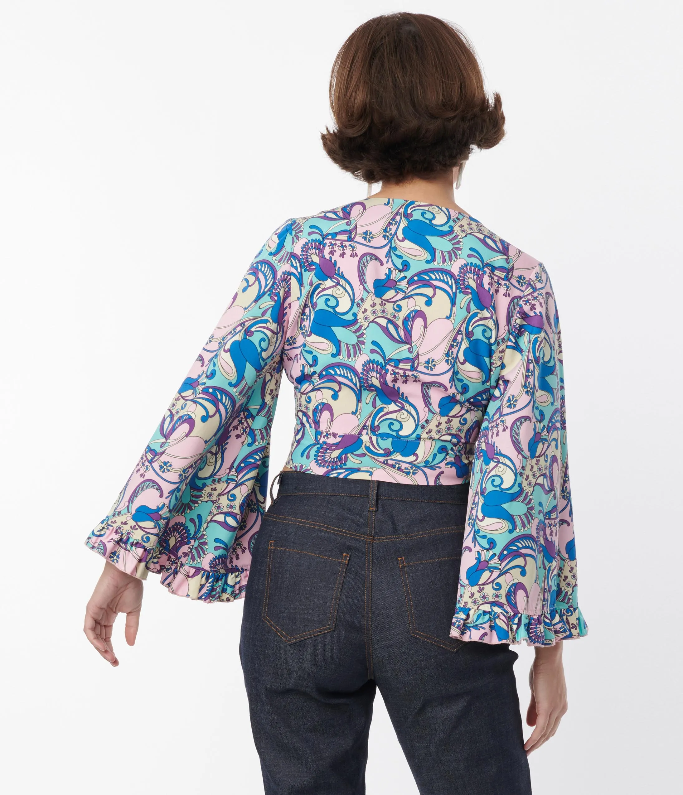 Smak Parlour Blue & Purple Psychedelic Floral Belva Crop Blouse Easy Date Night