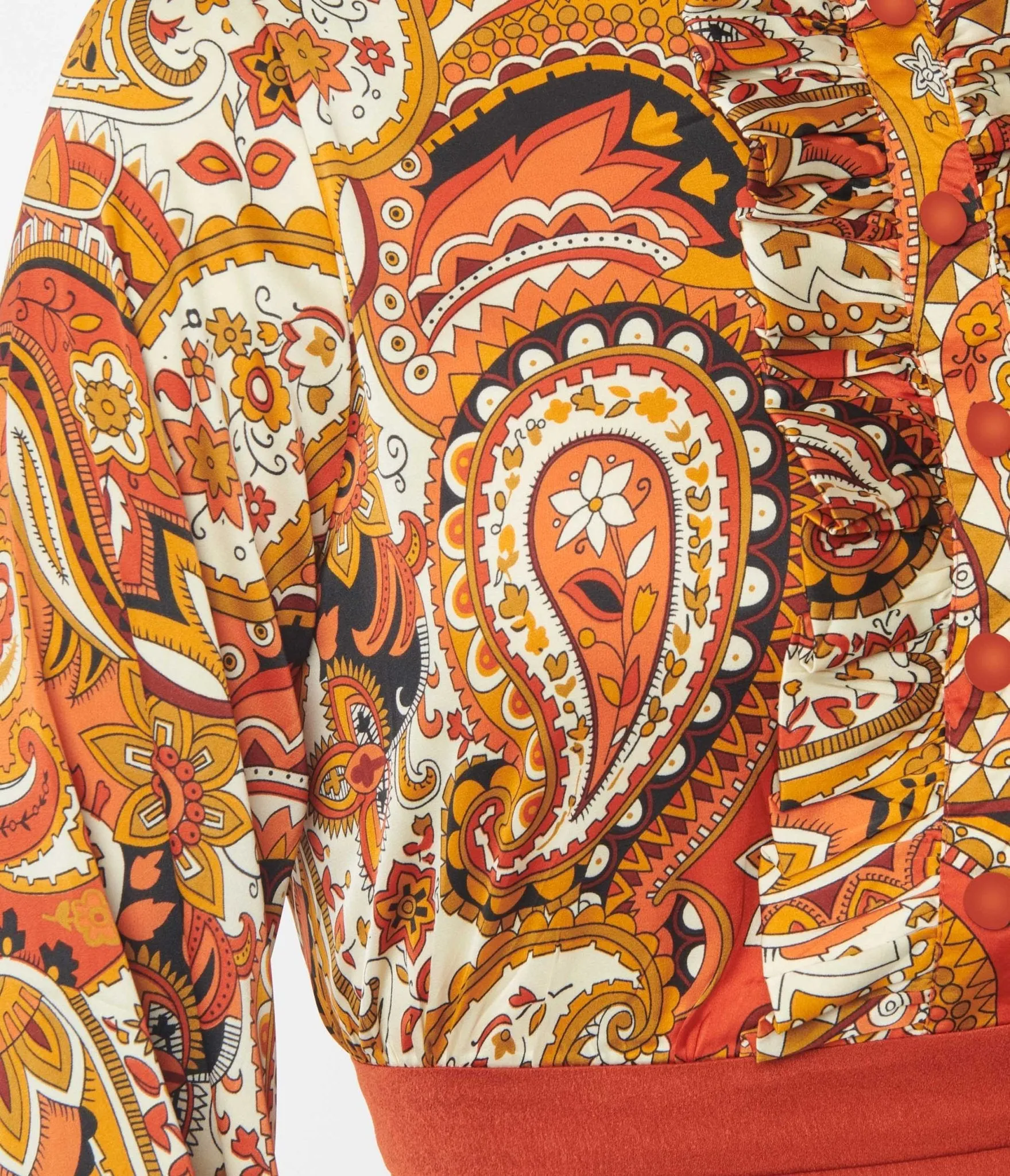 Smak Parlour Brick Red & Orange Paisley Ruffle Neck Empire A-Line Dress Casual Everyday Look