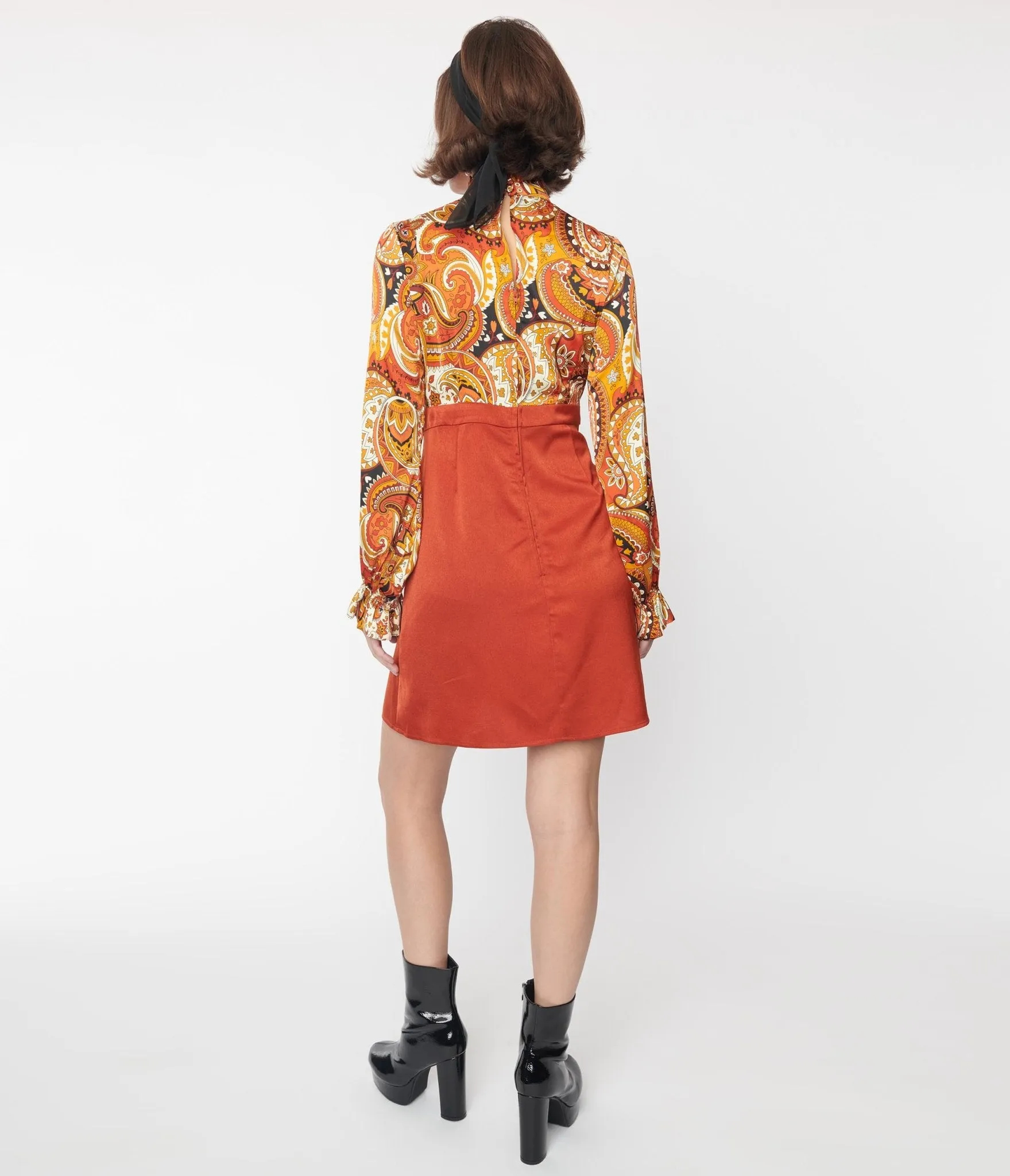 Smak Parlour Brick Red & Orange Paisley Ruffle Neck Empire A-Line Dress Casual Everyday Look