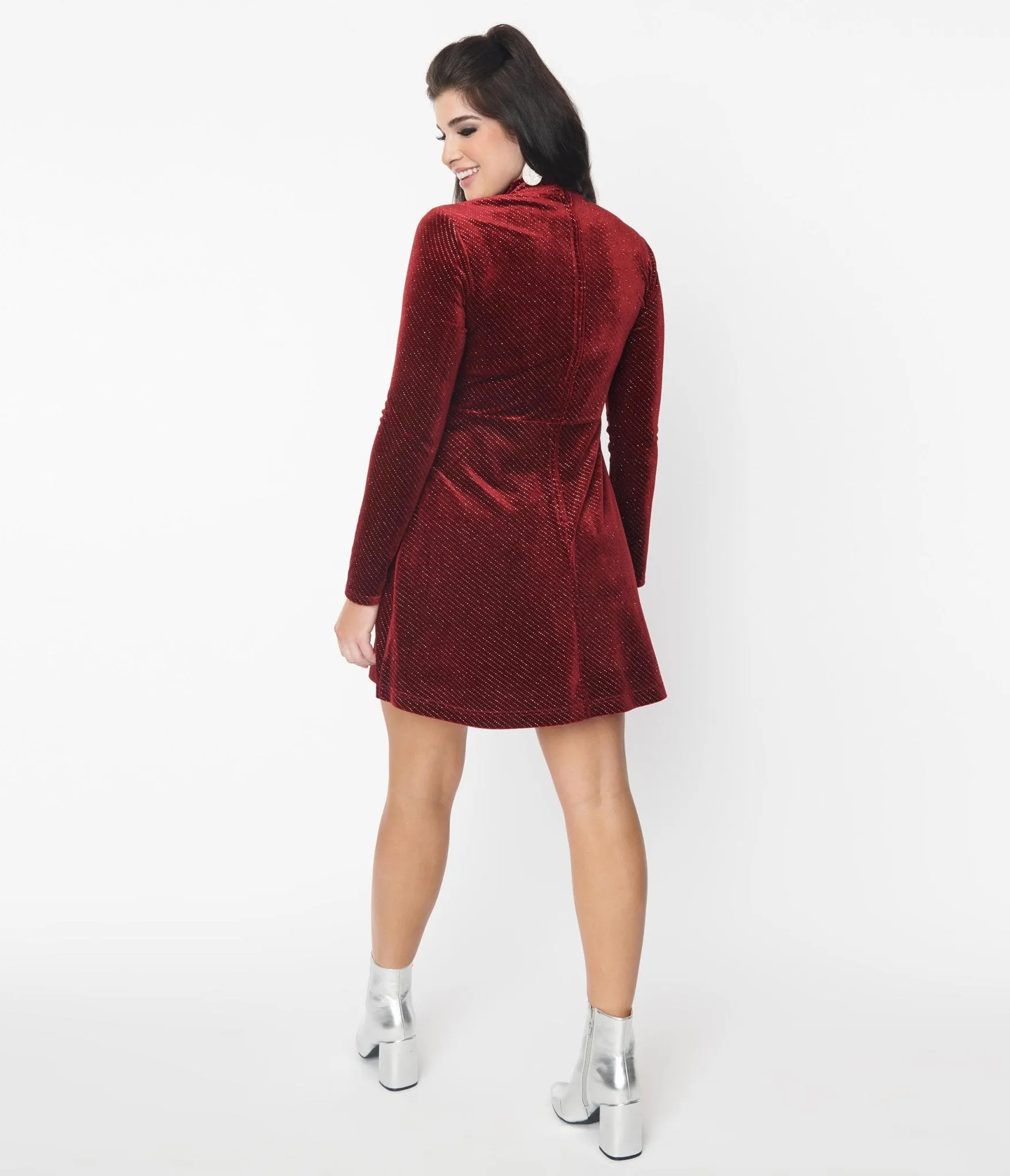 Smak Parlour Burgundy Sparkly Velvet Mock Turtleneck Fit & Flare Dress Casual Everyday Look