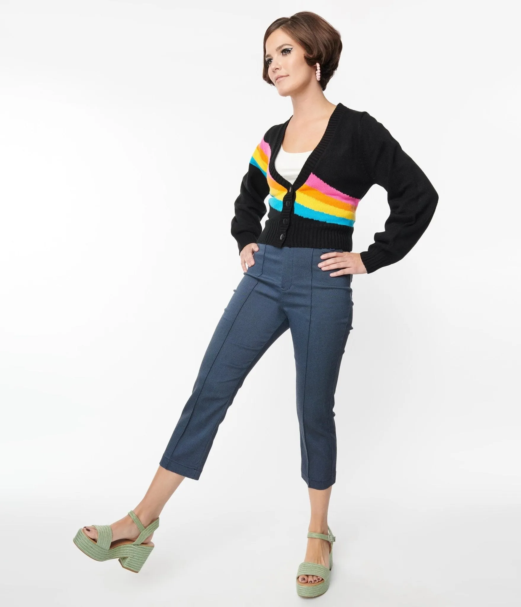 Smak Parlour Denim Bengaline & Rainbow Pocket Pintuck Capris Comfortable Travel Wear