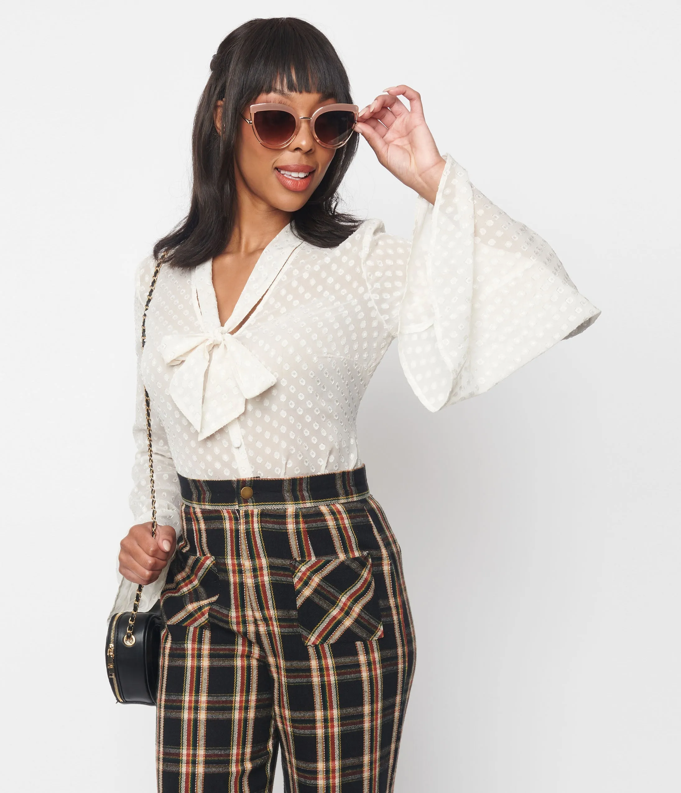 Smak Parlour Ivory Diamond Clip Dot Bow Blouse Easy Date Night