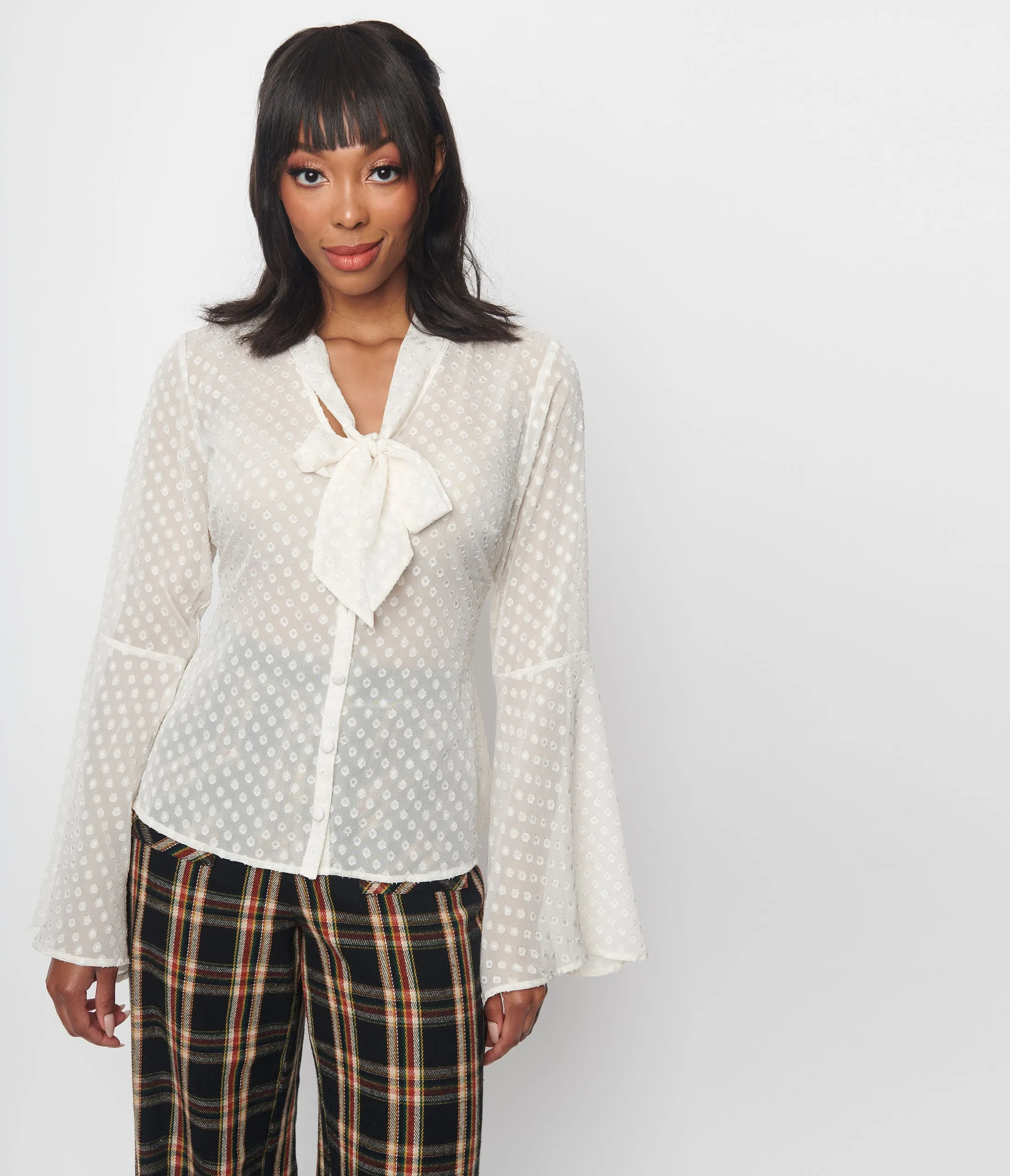 Smak Parlour Ivory Diamond Clip Dot Bow Blouse Easy Date Night