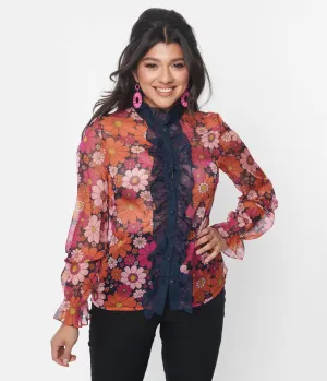 Smak Parlour Mod Daisy & Navy Ruffle Neck Blouse Easy Date Night