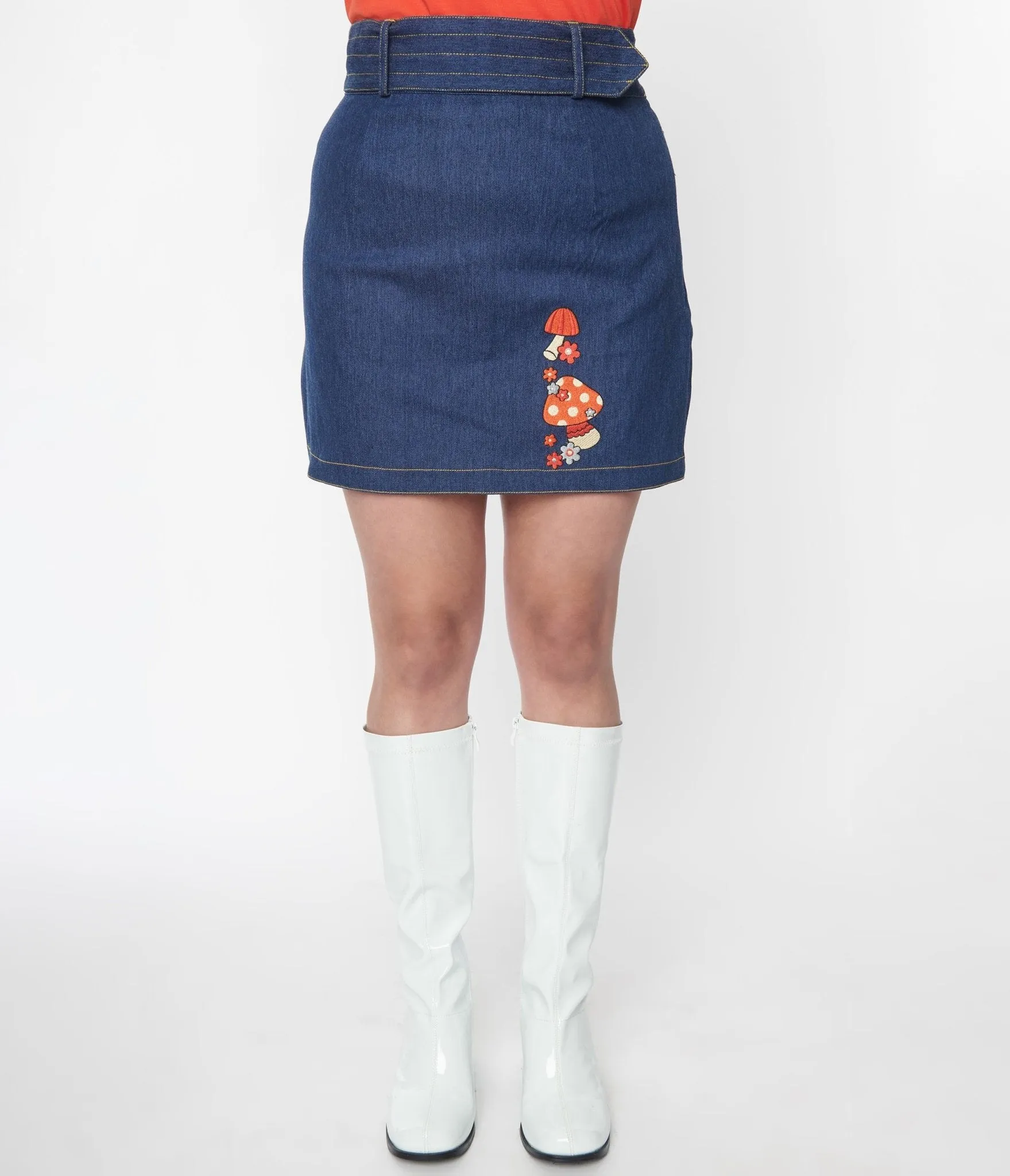 Smak Parlour Mushroom Embroidered Denim Belted Mini Skirt Comfortable Travel Wear