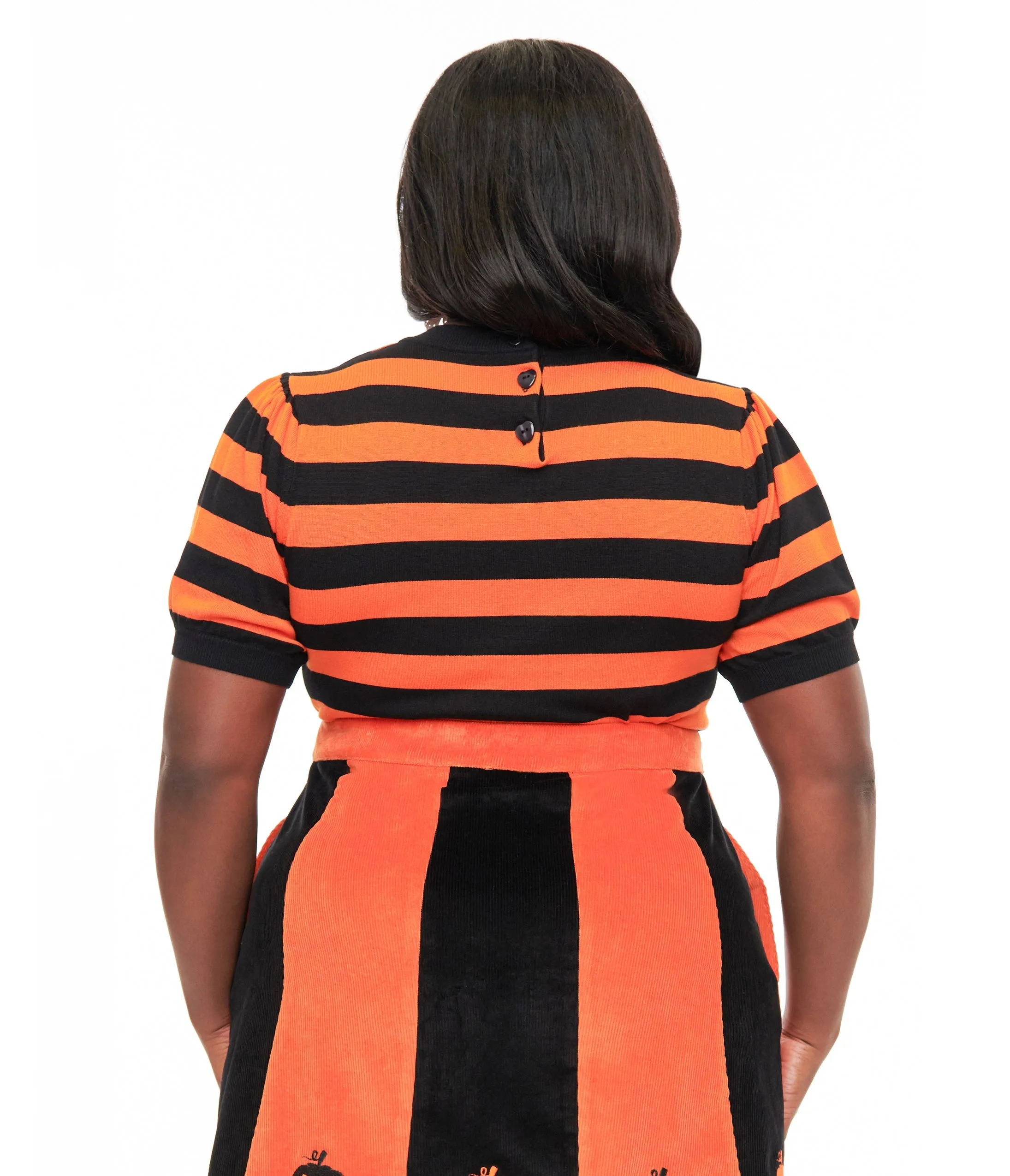 Smak Parlour Plus Size 1950s Black & Orange Stripe Heart Sweater Easy Date Night