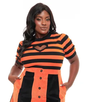 Smak Parlour Plus Size 1950s Black & Orange Stripe Heart Sweater Easy Date Night