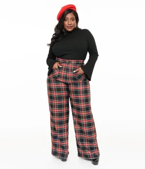 Smak Parlour Plus Size 1960s Black & Red Plaid Wide Leg Trousers Comfortable Travel Wear