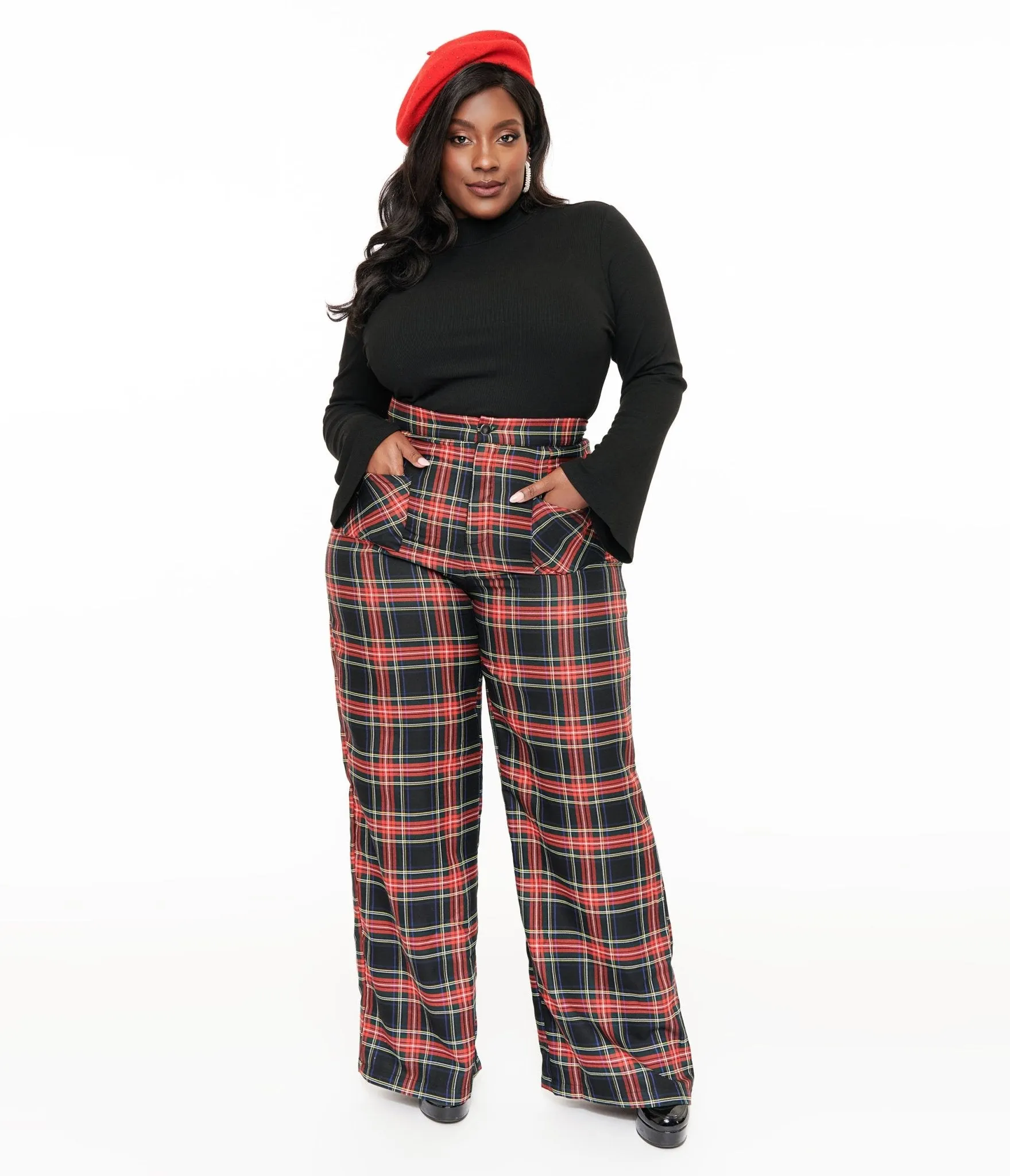 Smak Parlour Plus Size 1960s Black & Red Plaid Wide Leg Trousers Comfortable Travel Wear