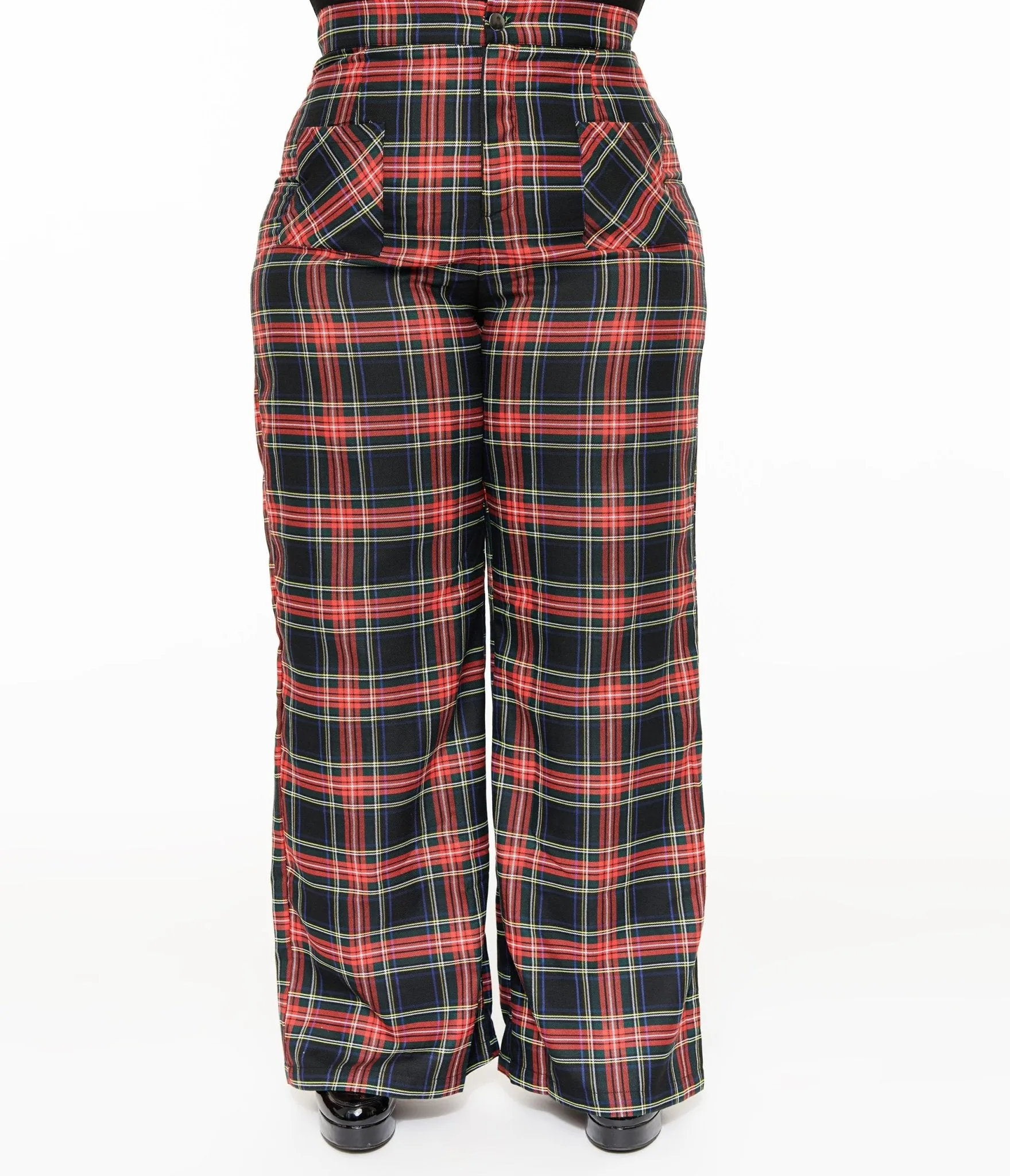 Smak Parlour Plus Size 1960s Black & Red Plaid Wide Leg Trousers Comfortable Travel Wear