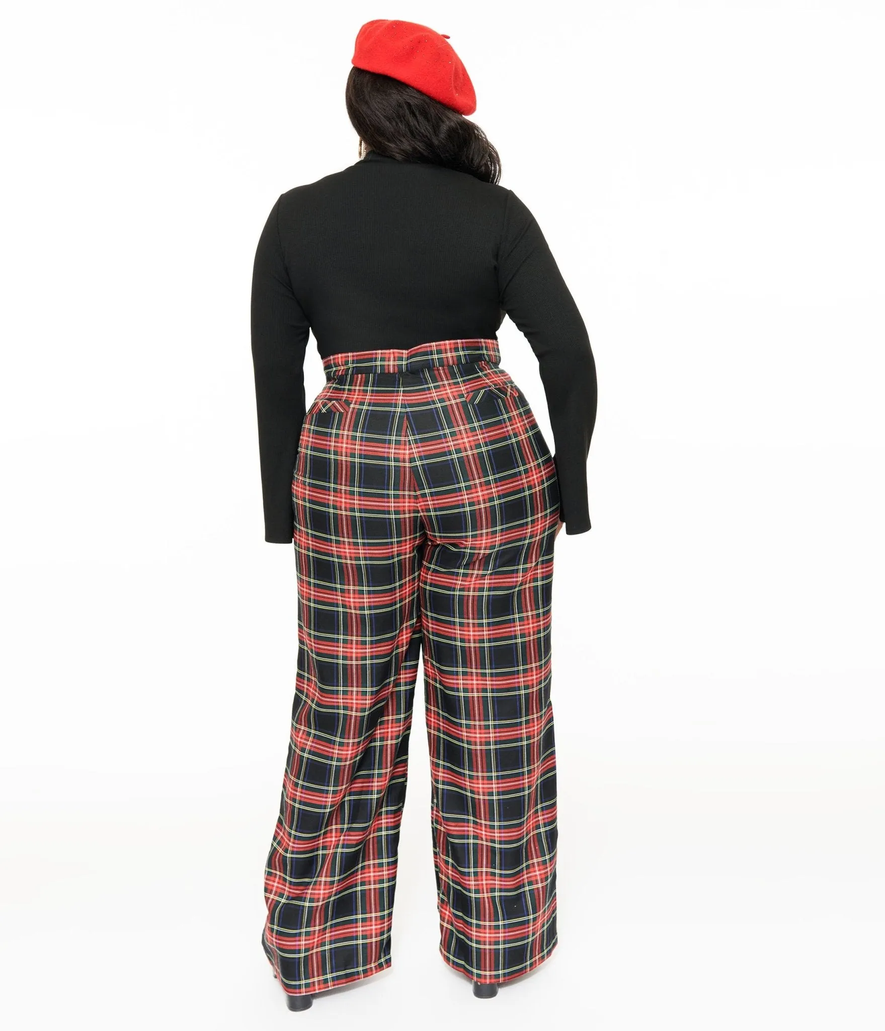 Smak Parlour Plus Size 1960s Black & Red Plaid Wide Leg Trousers Comfortable Travel Wear