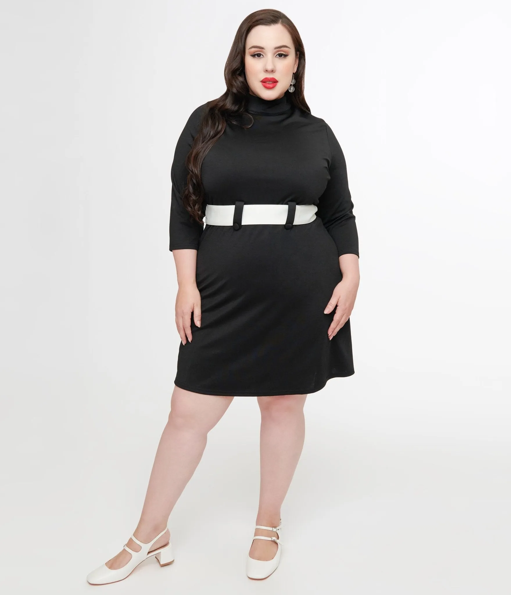 Smak Parlour Plus Size 1960s Black & White Belted A-Line Dress Casual Everyday Look