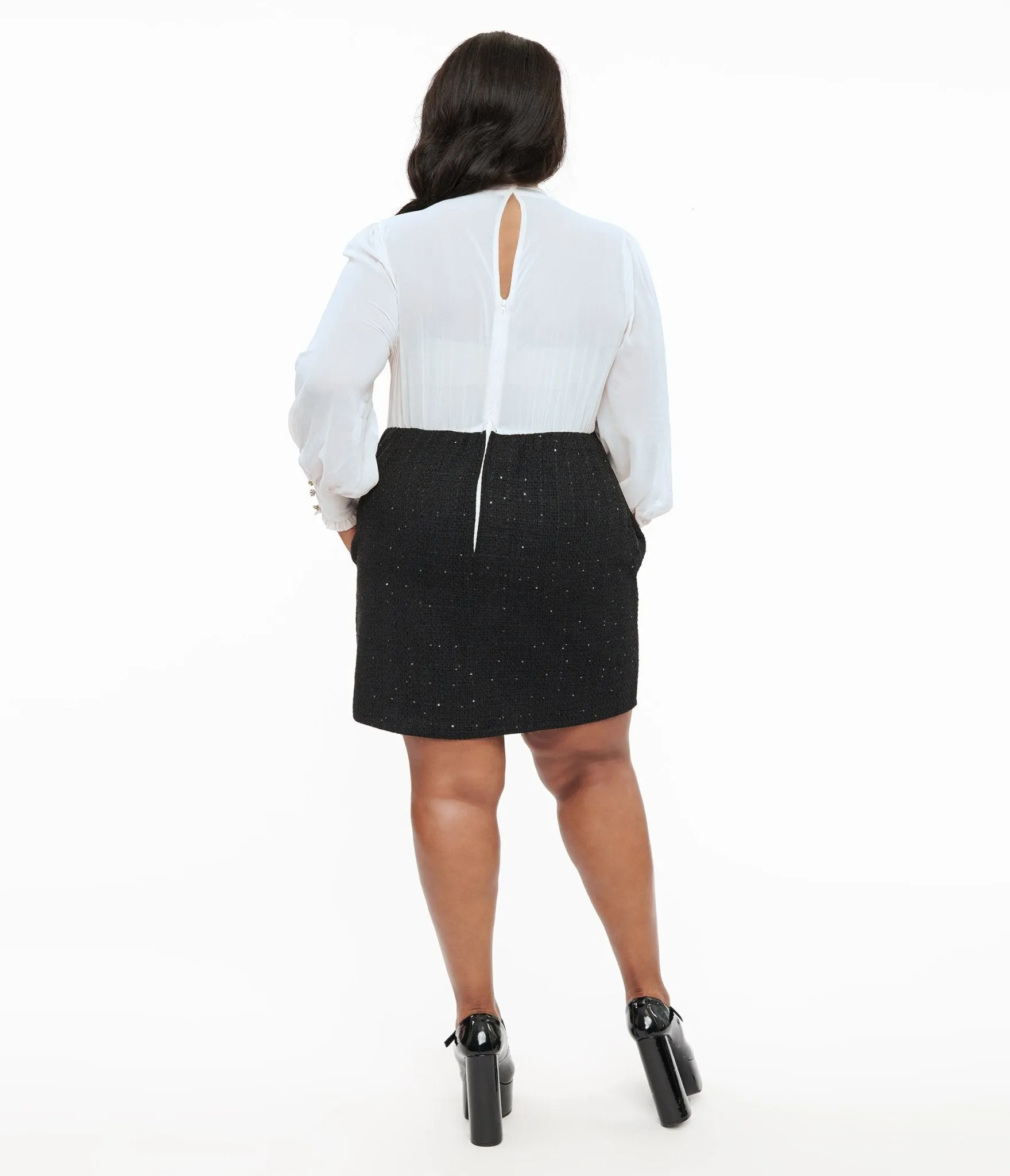 Smak Parlour Plus Size 1960s Black & White Ruffle Neck A-Line Dress Casual Everyday Look