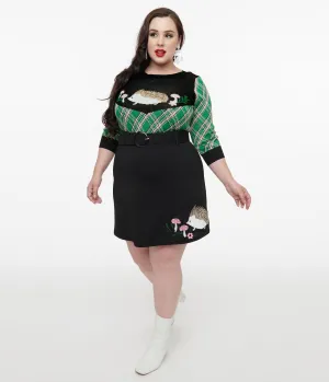 Smak Parlour Plus Size 1960s Black Hedgehog Embroidered Easy Does It Mini Skirt Comfortable Travel Wear