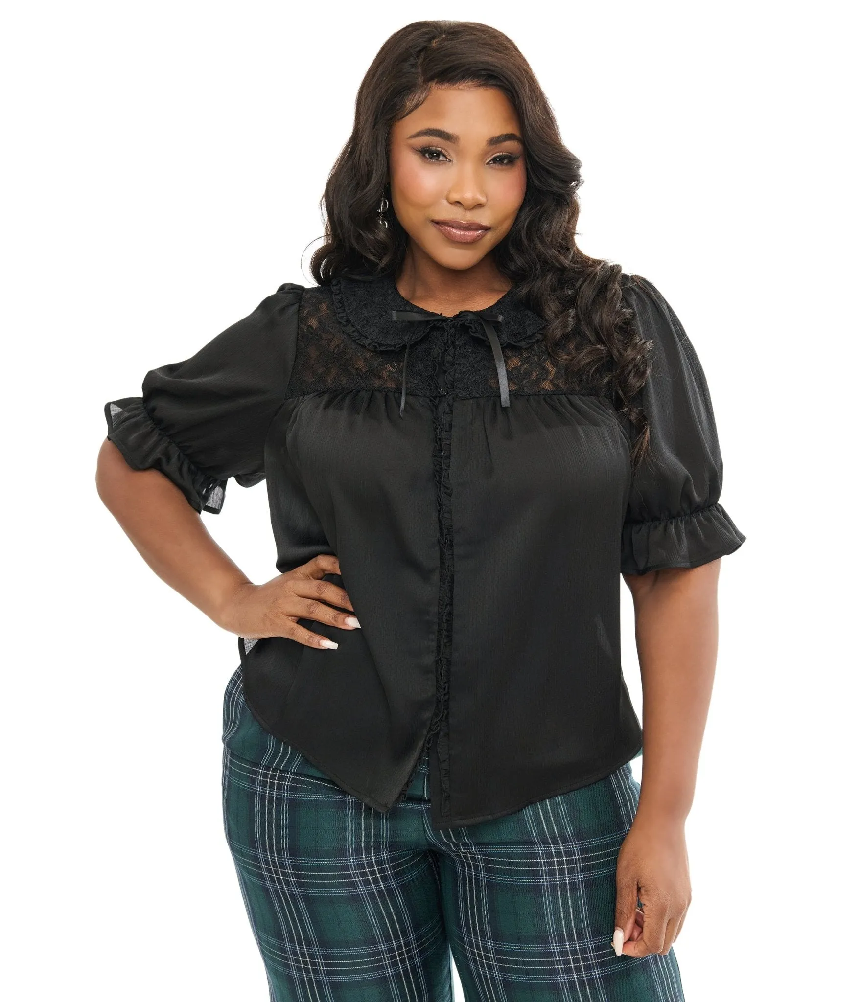 Smak Parlour Plus Size 1960s Black Lace Puff Sleeve Blouse Easy Date Night