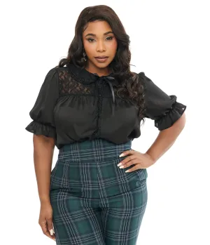 Smak Parlour Plus Size 1960s Black Lace Puff Sleeve Blouse Easy Date Night