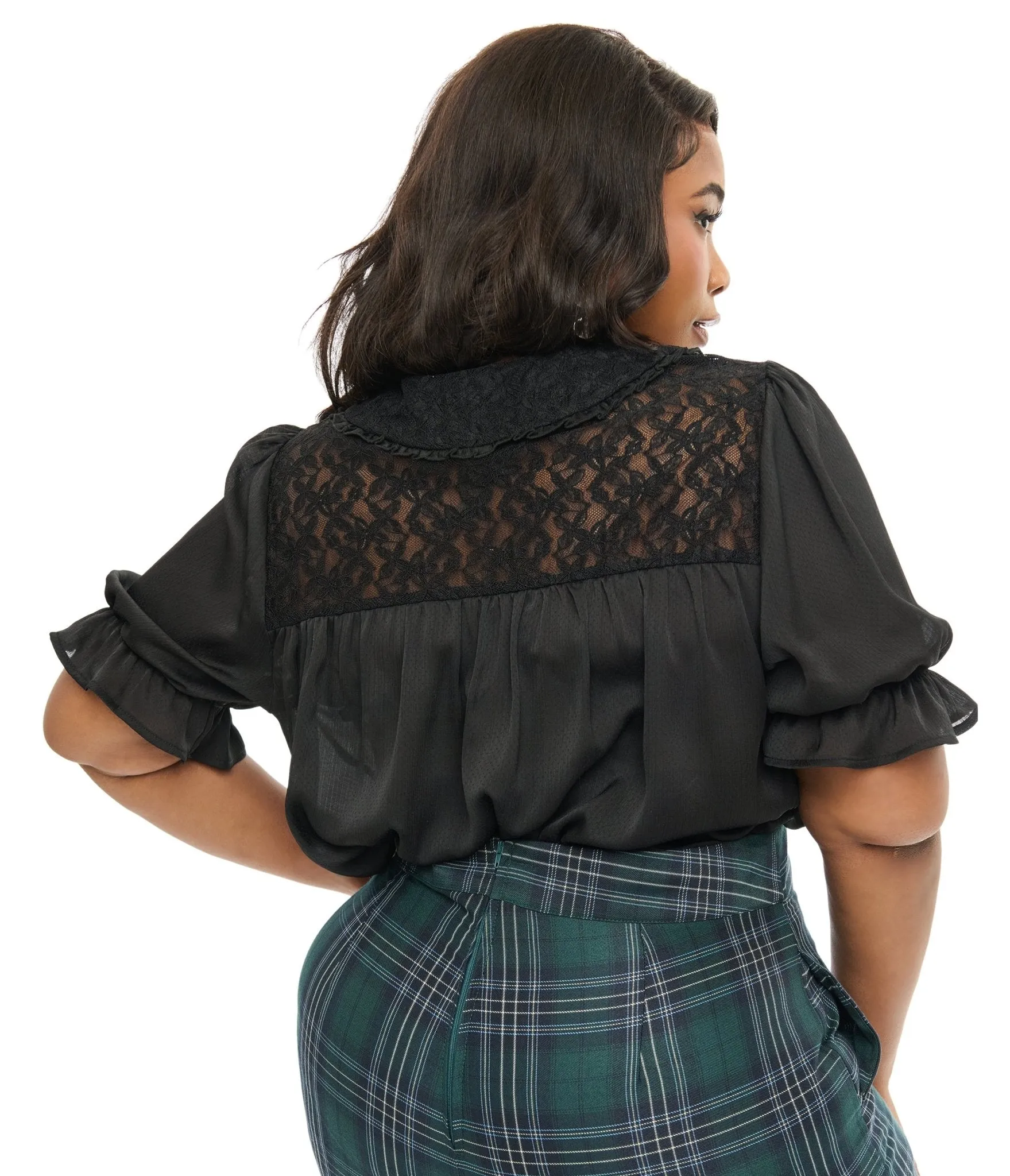 Smak Parlour Plus Size 1960s Black Lace Puff Sleeve Blouse Easy Date Night