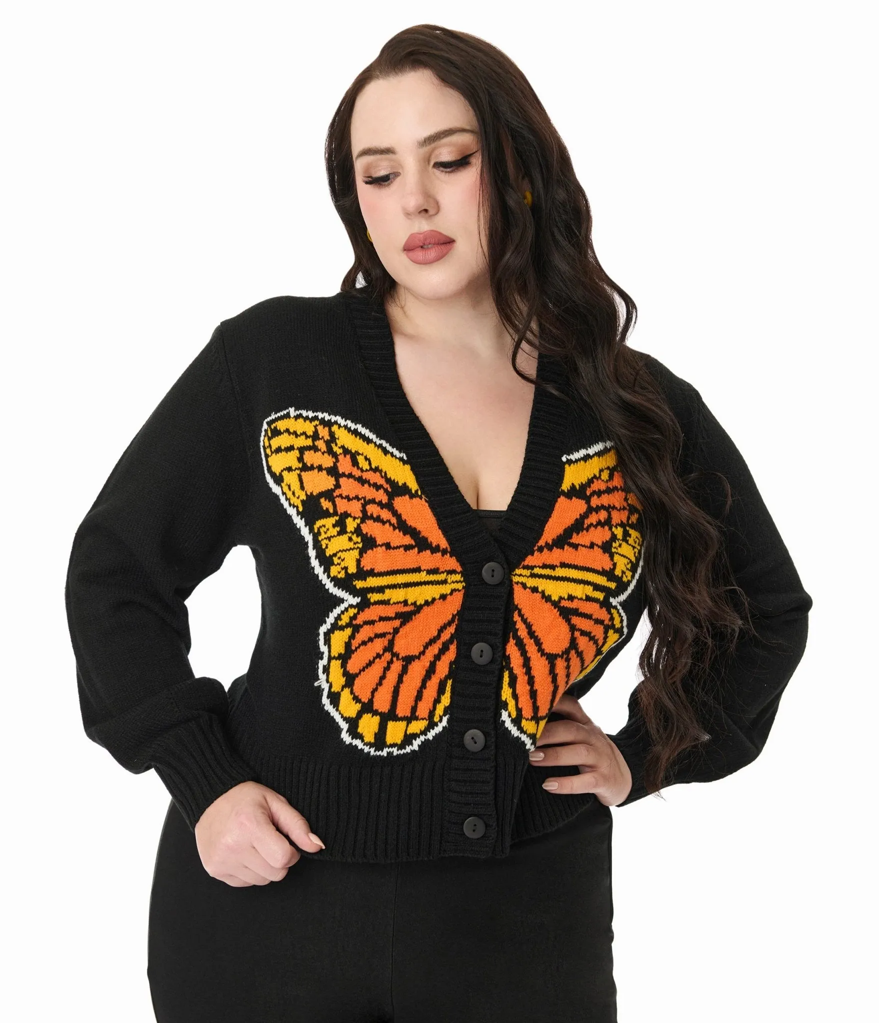 Smak Parlour Plus Size 1960s Black Monarch Butterfly Cardigan Easy Date Night