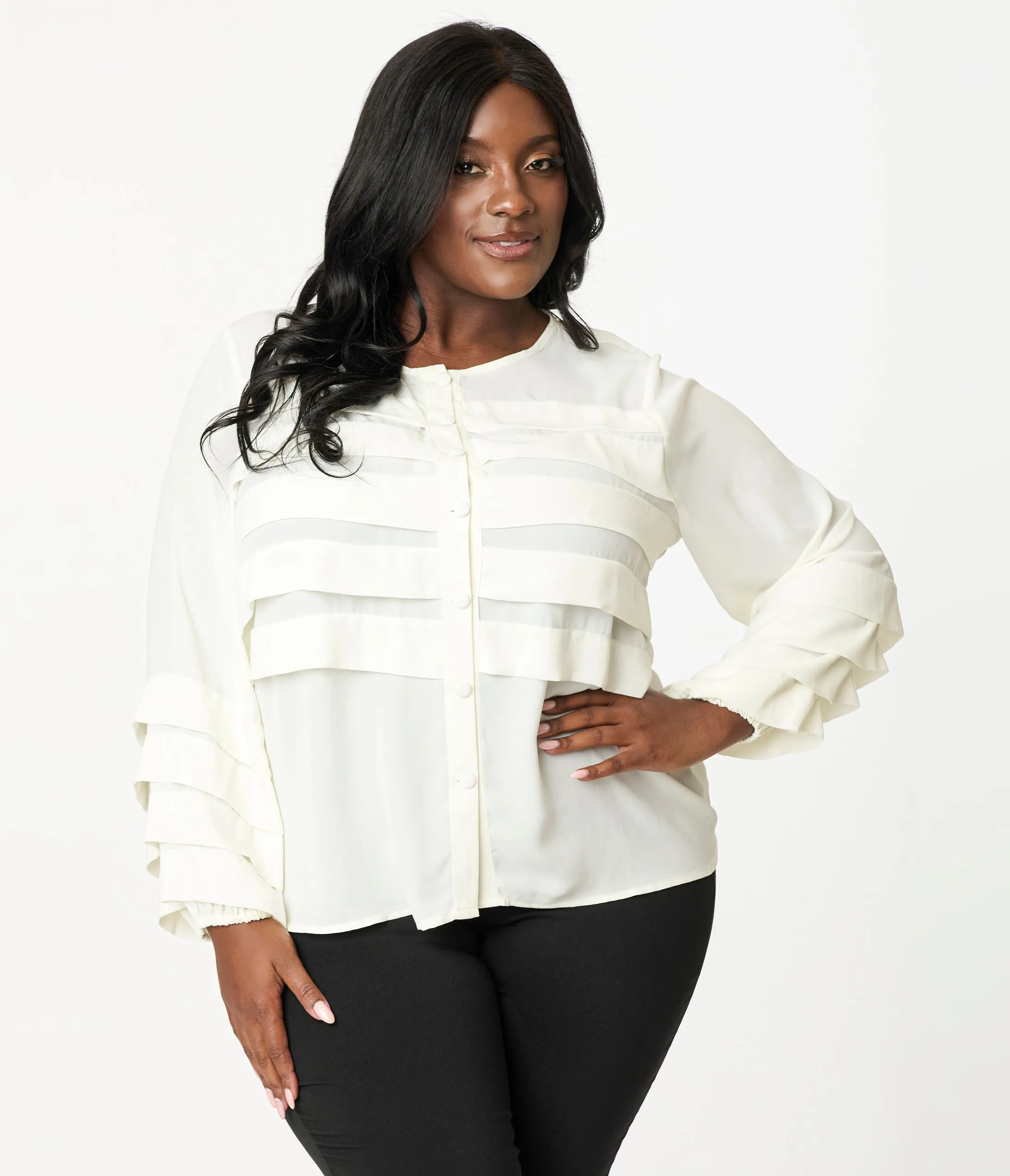 Smak Parlour Plus Size 1960s Cream Pleated Front Blouse Easy Date Night