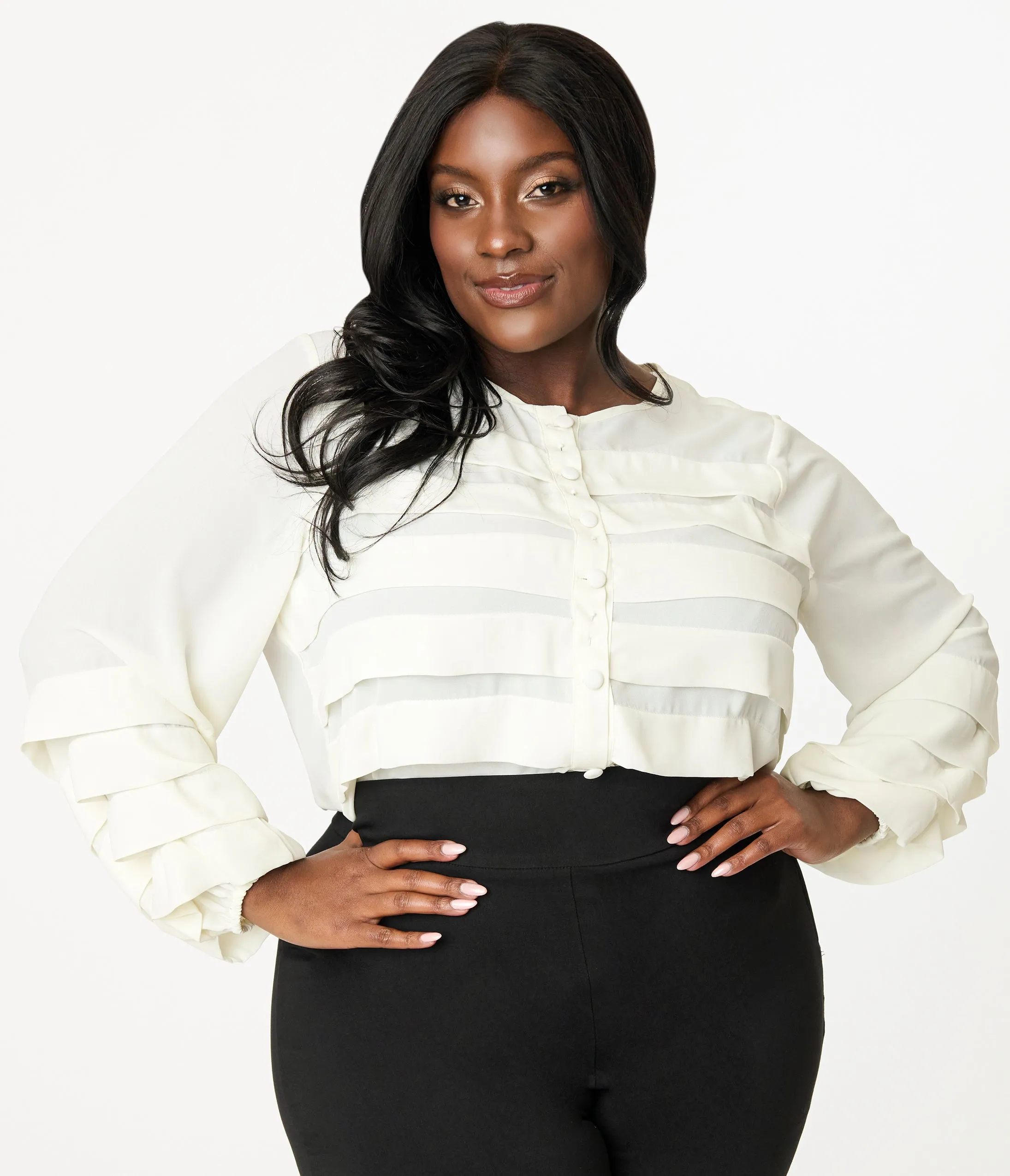 Smak Parlour Plus Size 1960s Cream Pleated Front Blouse Easy Date Night