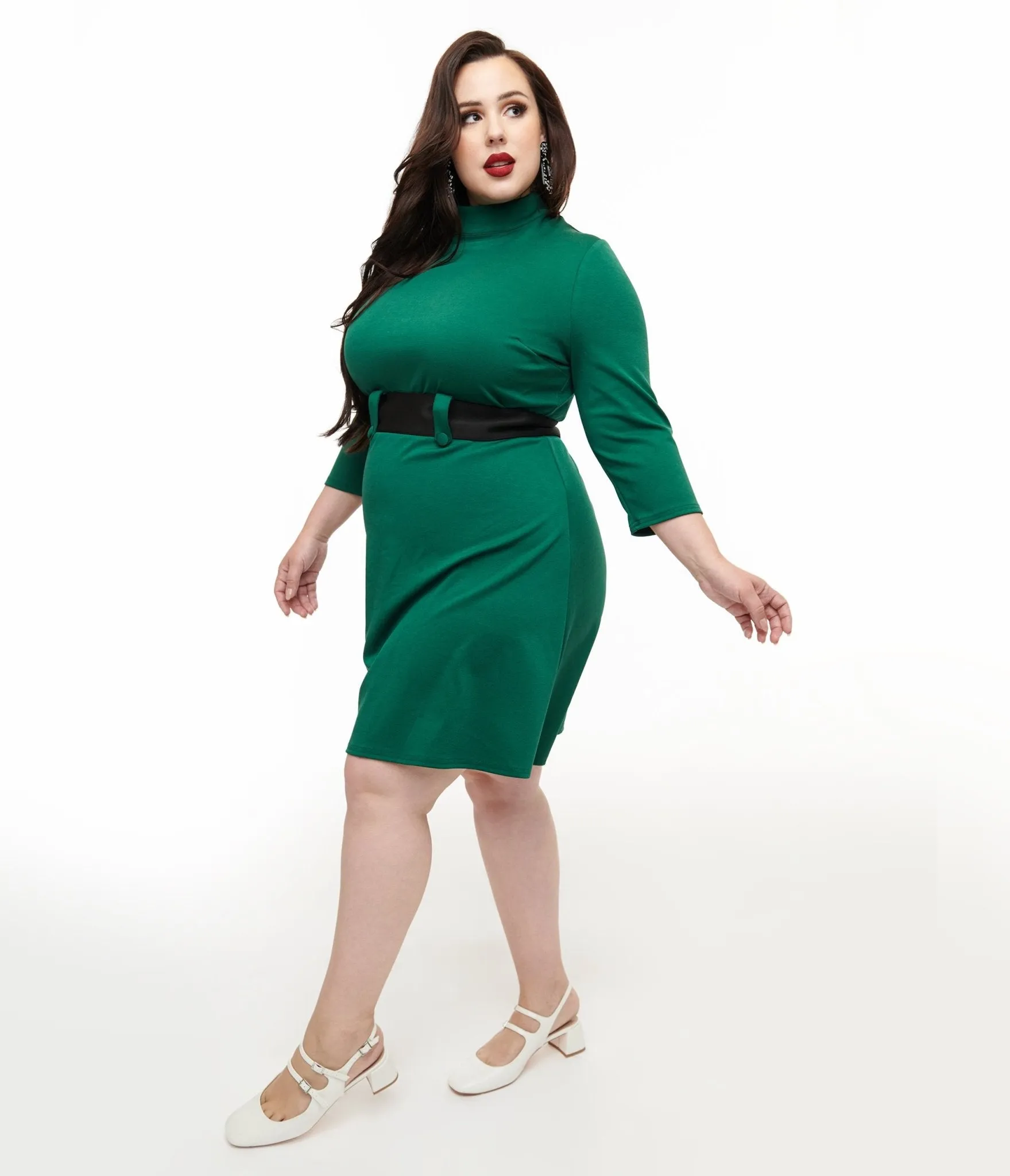 Smak Parlour Plus Size 1960s Emerald & Black Belted A-Line Dress Casual Everyday Look