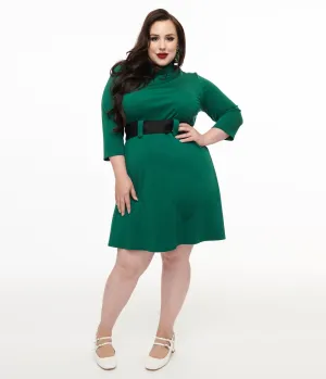 Smak Parlour Plus Size 1960s Emerald & Black Belted A-Line Dress Casual Everyday Look
