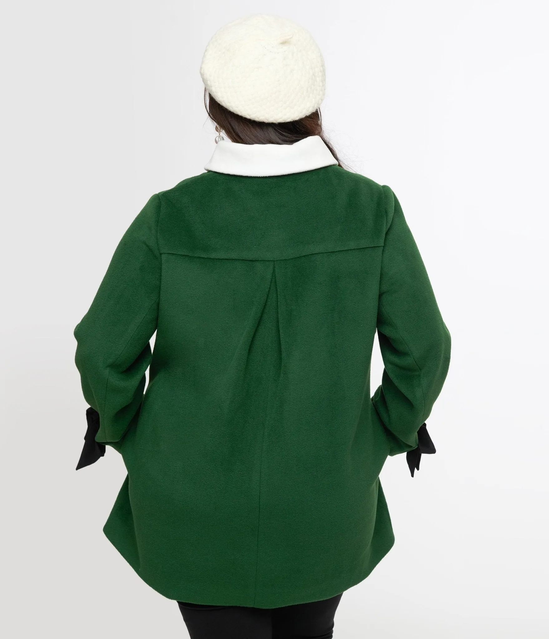 Smak Parlour Plus Size 1960s Green & Black Bows Topper Coat Easy Date Night