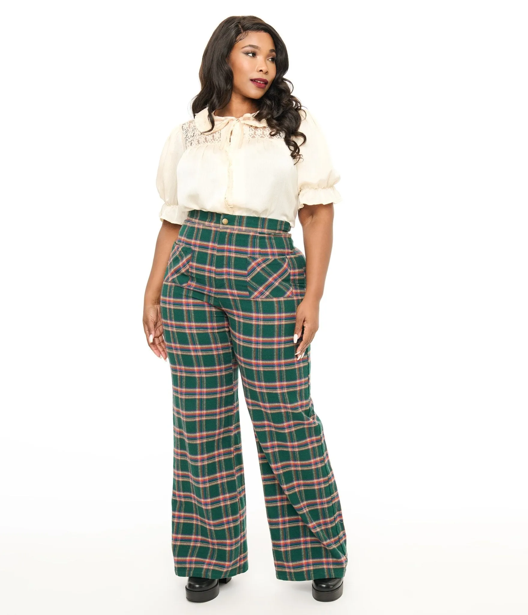 Smak Parlour Plus Size 1960s Green & Red Plaid Wide Leg Trousers Comfortable Travel Wear