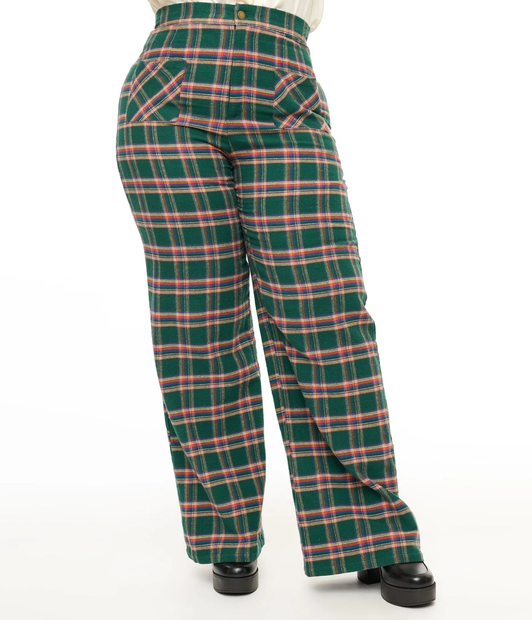 Smak Parlour Plus Size 1960s Green & Red Plaid Wide Leg Trousers Comfortable Travel Wear