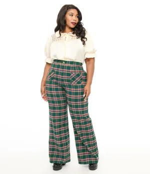 Smak Parlour Plus Size 1960s Green & Red Plaid Wide Leg Trousers Comfortable Travel Wear