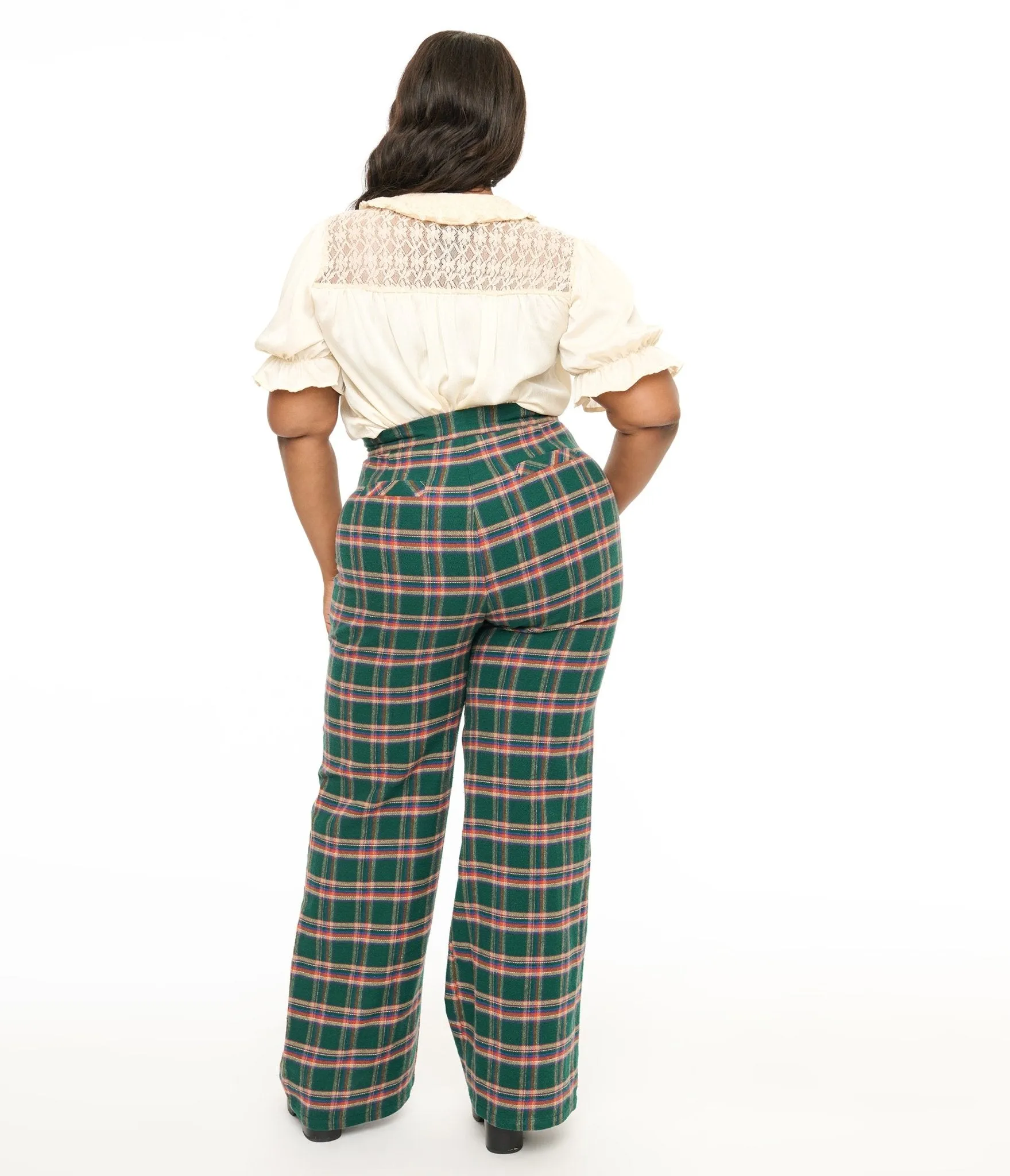 Smak Parlour Plus Size 1960s Green & Red Plaid Wide Leg Trousers Comfortable Travel Wear
