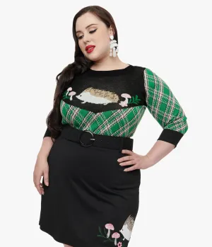 Smak Parlour Plus Size 1960s Green Plaid & Hedgehog Sweater Easy Date Night