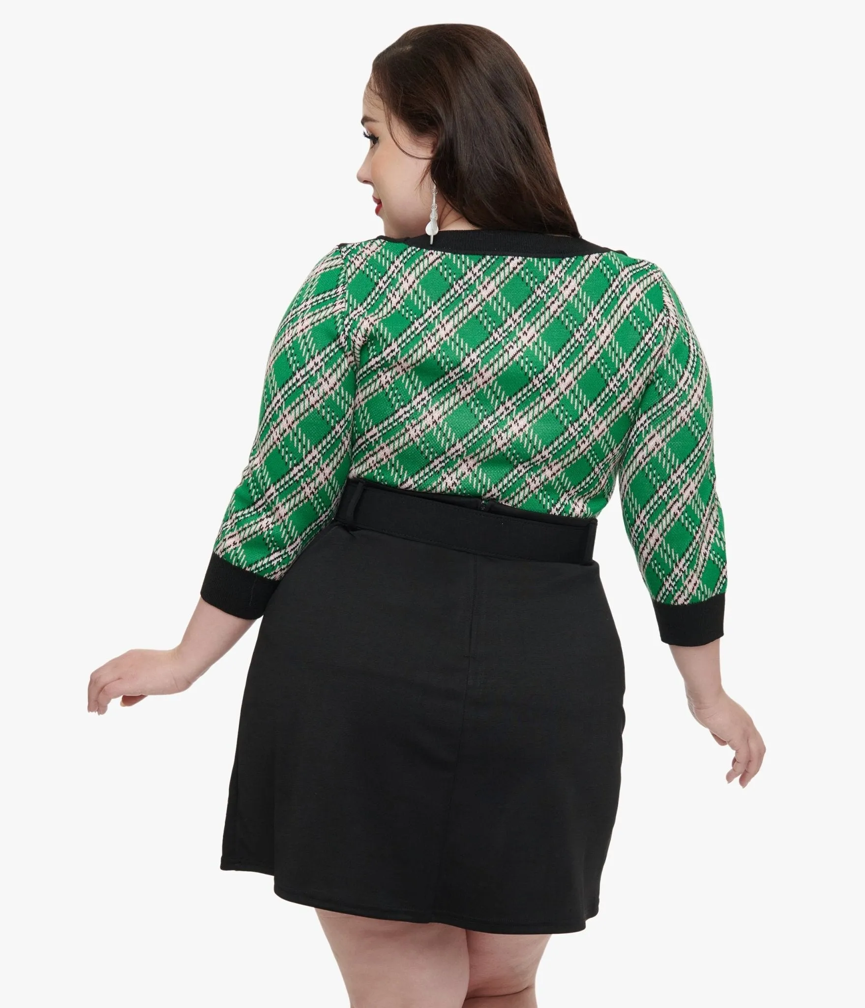 Smak Parlour Plus Size 1960s Green Plaid & Hedgehog Sweater Easy Date Night