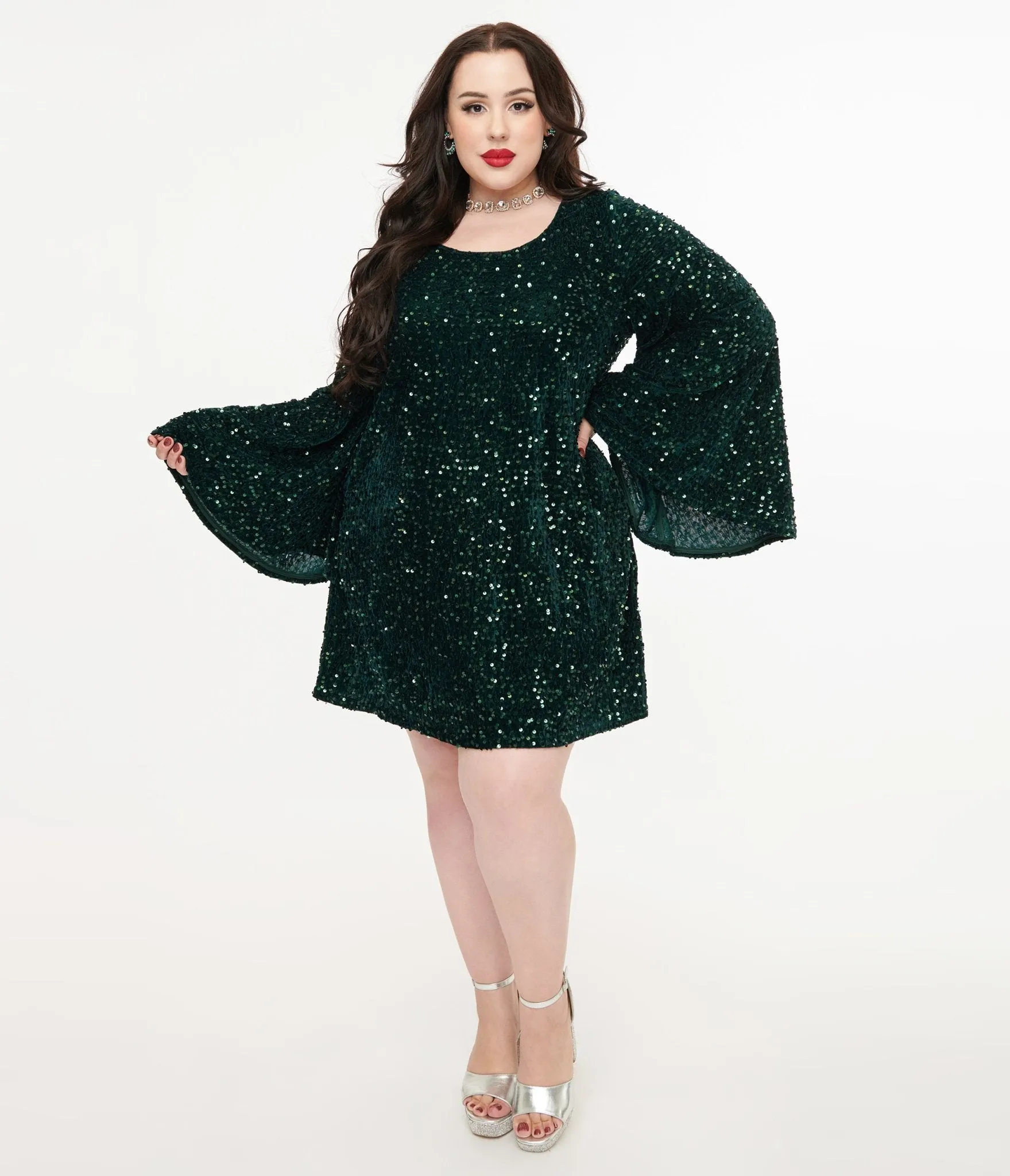 Smak Parlour Plus Size 1960s Green Sequin Downtown Scene Mini Dress Casual Everyday Look