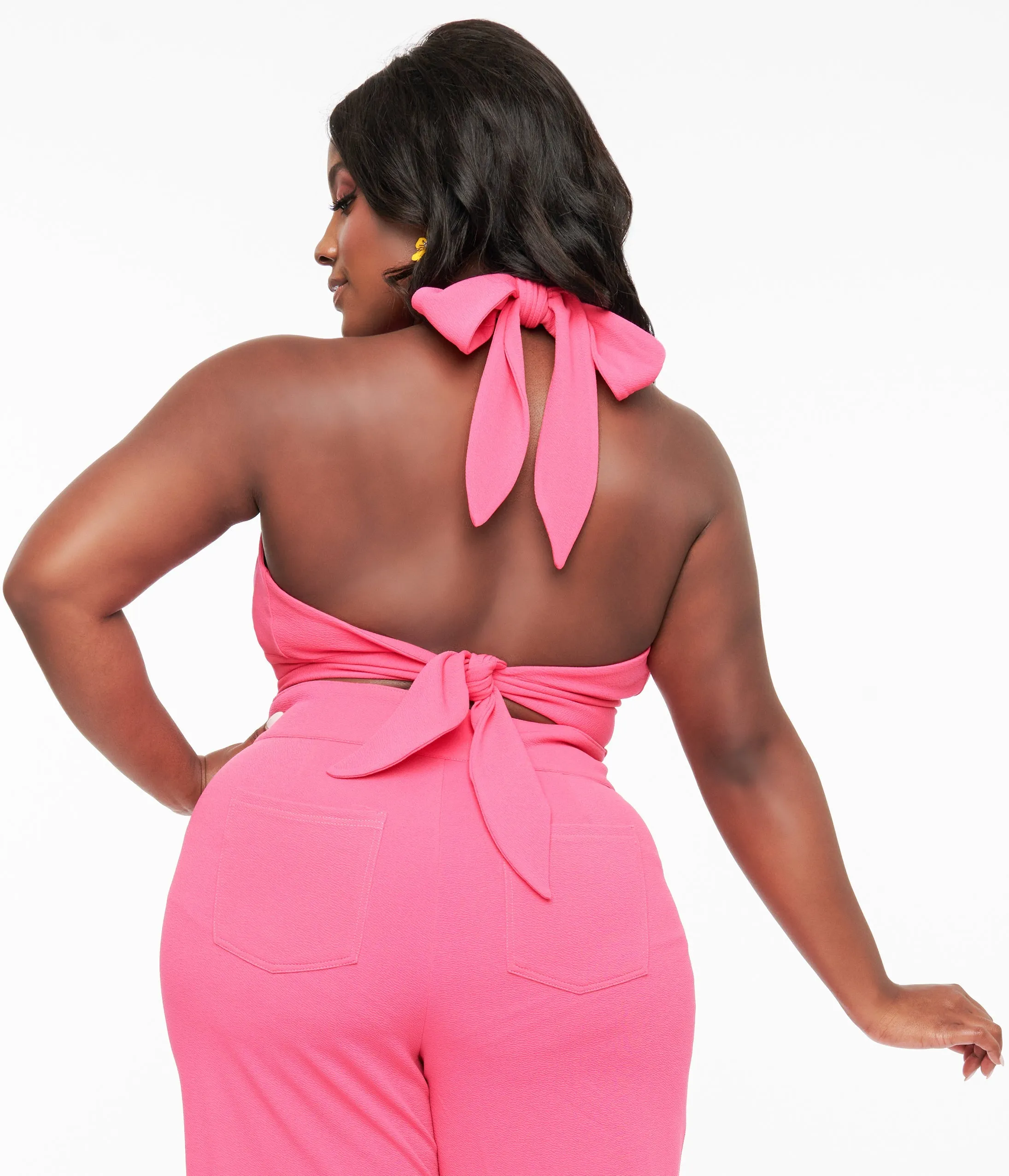 Smak Parlour Plus Size 1960s Hot Pink Halter Crop Top Easy Date Night