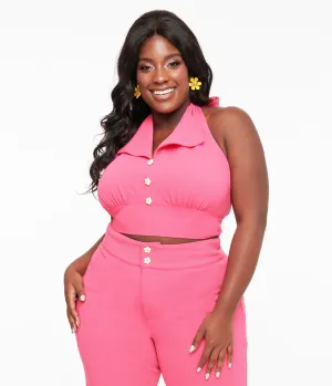 Smak Parlour Plus Size 1960s Hot Pink Halter Crop Top Easy Date Night