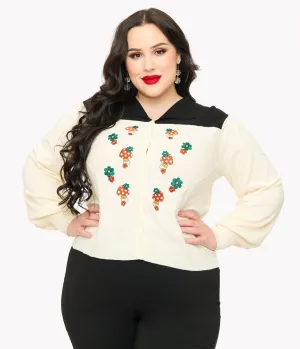 Smak Parlour Plus Size 1960s Ivory & Black Mushroom Embroidered Cardigan Easy Date Night